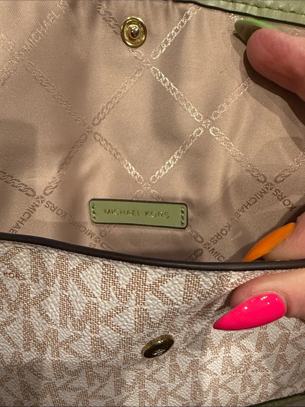Michael Kors Beige Signature Tote with Olive Green Stripe